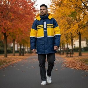 VTG Perry Ellis America Puffer Jacket Parka Coat Hooded Navy Yellow‎ Stripe XL